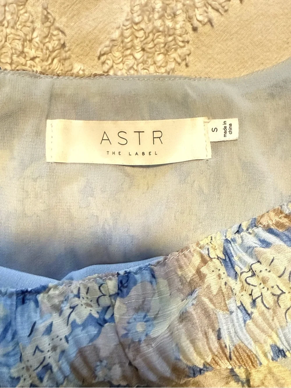 Astr Floral Square-Neck Smocked Peplum Blouse - Light Blue & Cream
